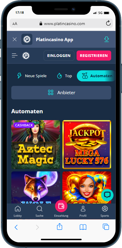 Platincasinoo App Spieleübersicht